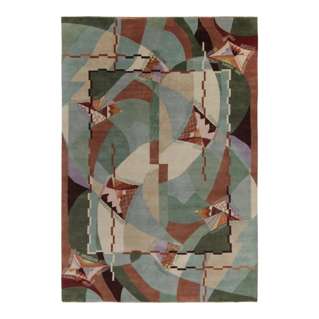 Rug & Kilim Chinese Style Art Deco Rug in Green, Blue & Brown Patterns - 10'x14' For Sale