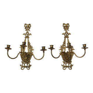 Vintage Russian Style Brass Ornate Three Candle Candelabra Wall Sconce-A Pair For Sale