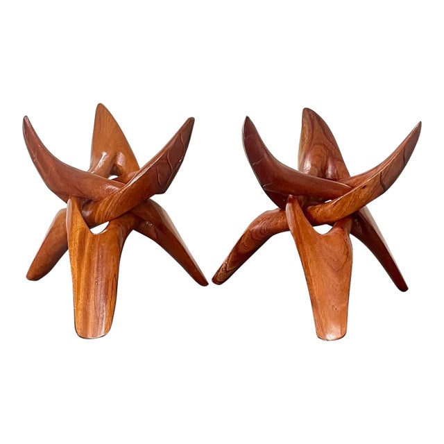 Vintage Carved Teak Tripod Bowl or Geode Display Stands - Set of 2 For Sale