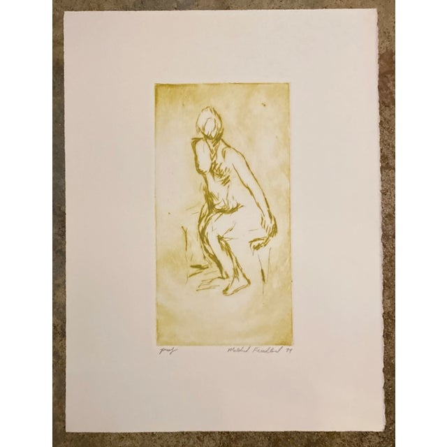 1974 color etching of a female nude by Margaret Friedland. Pencil signed, dated and marked "proof."