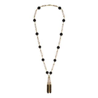 Vintage 18k Gold Tassel Necklace Quartz Black Onyx Diamond - 30 Inches For Sale