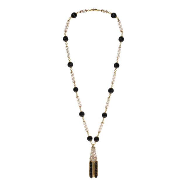Vintage 18k Gold Tassel Necklace Quartz Black Onyx Diamond - 30 Inches For Sale