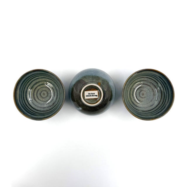 Vietnamese Dual-Glaze Stoneware Ceramic Rice Bowls With Spiral Motif -Set of 4 For Sale - Image 4 of 6