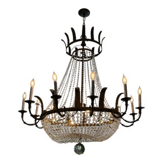 Large Mid 20th Century Mid-Century Empire Style Crystal & Gilt Metal Basket Chandelier For Sale