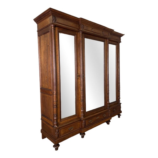 Antique French Carved Oak 3-Door Armoire For Sale