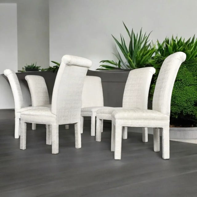6 White Upholstered High Back Parsons Dining Chairs For Sale - Image 11 of 17