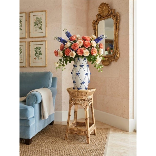 Vintage Italian Hand-Crafted Ceramic Lattice & Cobalt Blue Rose Urn Vase For Sale - Image 11 of 12