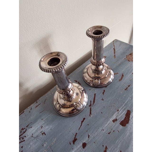Shell Pair of Antique Sheffield Silver Plated Candlestick Holders With Shell Design For Sale - Image 7 of 12