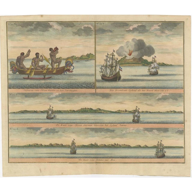 Antique print titled 'people of new guinea , and their vessels the burning island as the north west of u is the coast of...