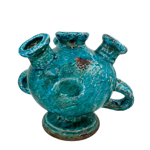 1950s Turquoise Cerulean Brutalist Vase For Sale - Image 4 of 12