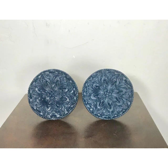 French Vintage Blue Lacquer Finish Large Floral Curtain Tie Backs - a Pair For Sale - Image 3 of 4