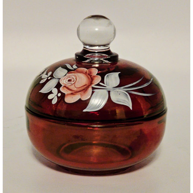 1970s Westmoreland Handmade Ruby Glass Lidded Bowl With Floral Motif, Signed C. Peitier, 1978 For Sale - Image 5 of 12