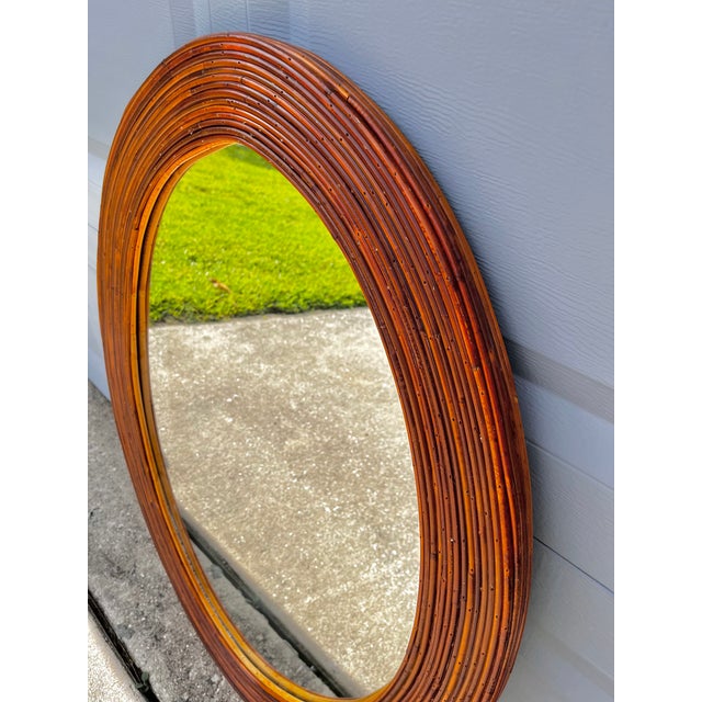 Mid Century Modern Oval Rattan Split Reed Wall Mirror | Attributed to Gabriella Crespi For Sale - Image 12 of 14