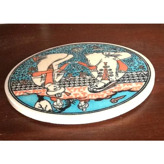 Vintage Iznik/Persian Picnic Motif Colorful Ceramic Tile Trivet/Wall Art For Sale - Image 4 of 5