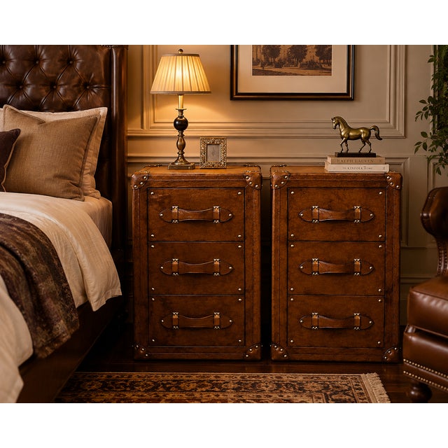 Luxury Leather Dark Brown Nightstand Pair, Handmade Vintage Trunk Bedside Tables, Leather Drawer Cabinet, Brass Studded Bedroom Storage For Sale - Image 9 of 9