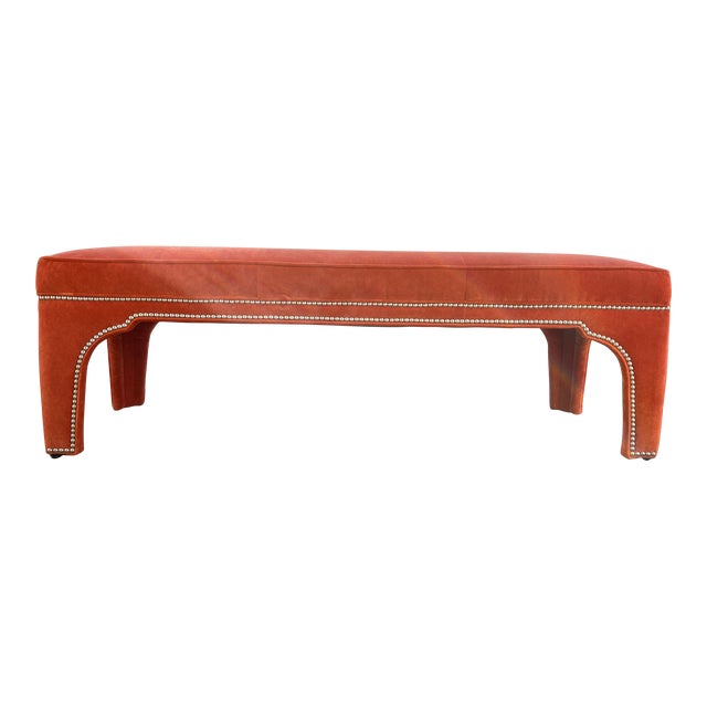 Ethan Allen Performance Velvet Red Ottoman | Chairish