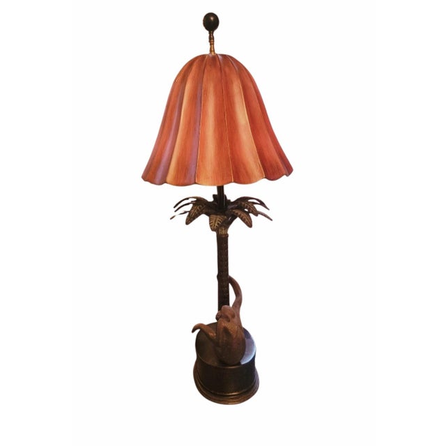 Vintage Palm Beach Regency Cast Iron Palm Tree Monkey Table Lamp W/ Hard Pleated Bell Red Parasol Shade For Sale - Image 10 of 12