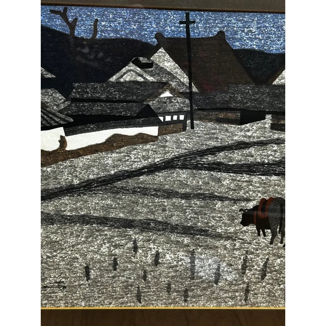 Pair of Kiyoshi Saito Mid-Century Japanese Woodblock Prints - Plowing the Field & Pagoda, Framed For Sale - Image 11 of 14
