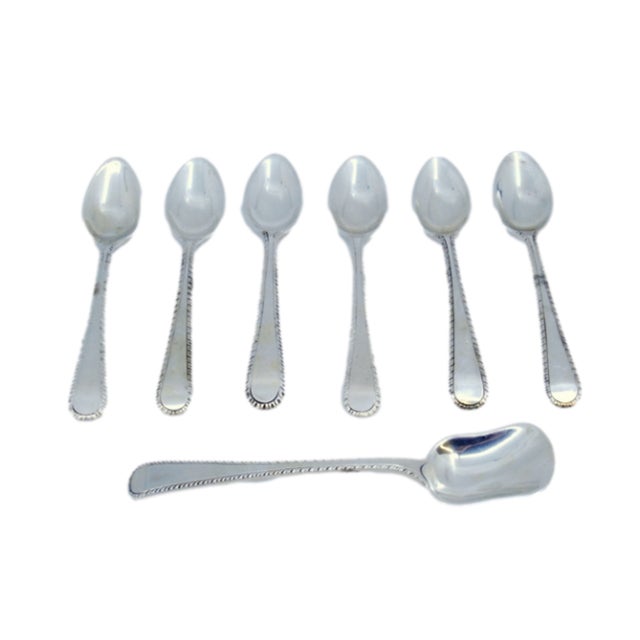 Silver Coffee Spoons and Sugar Shovel with Crimped Handles, Set of 7 For Sale - Image 3 of 3