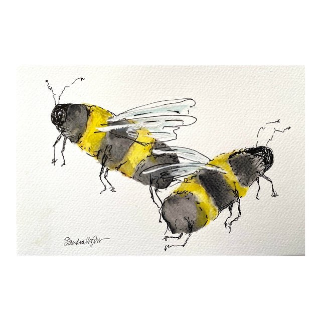 “Big Bees” Watercolor and Ink Painting by Sandra Wright For Sale