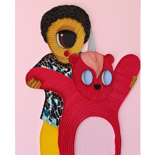 Plushie V by Ayobola Kekere-Ekun | Mixed media Colorful figure holding a red bear. For Sale