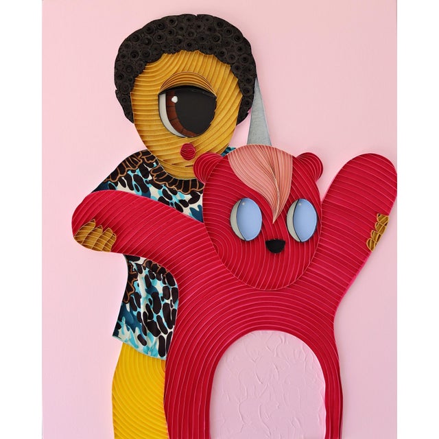 Plushie V by Ayobola Kekere-Ekun | Mixed media Colorful figure holding a red bear. For Sale