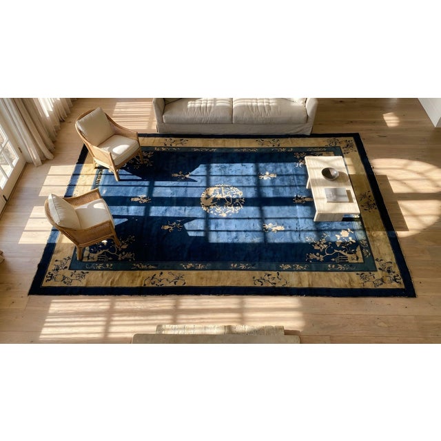 1900s Deep Navy Blue Open Field Chinoiserie Antique Chinese Peking Rug For Sale - Image 12 of 14