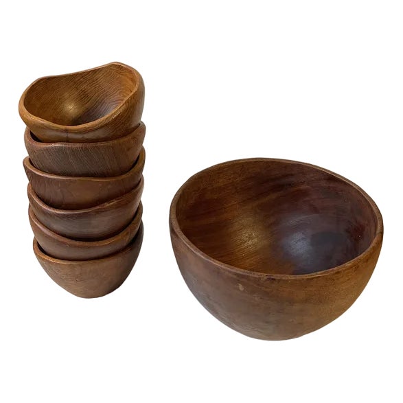 Modern Scandinavian Hand-Turned Teak Salad Bowls from Esa, 1960s, Set of 7 For Sale