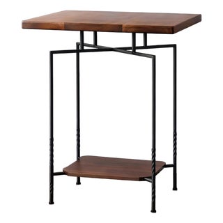 Solid Black Walnut Two-Tier Side Table With Forged Steel Base — End Table & Nightstand For Sale