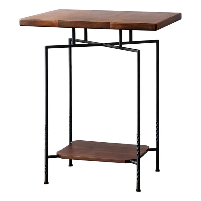 Solid Walnut Side Table, Two-Tier End Table Nightstand, Forged Steel Base, Small Bedside Table For Sale