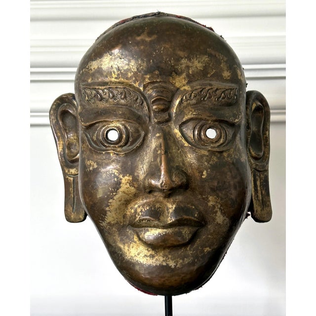 Metal Tibetan Gilt Copper Alloy Mask on Display Stand For Sale - Image 7 of 18