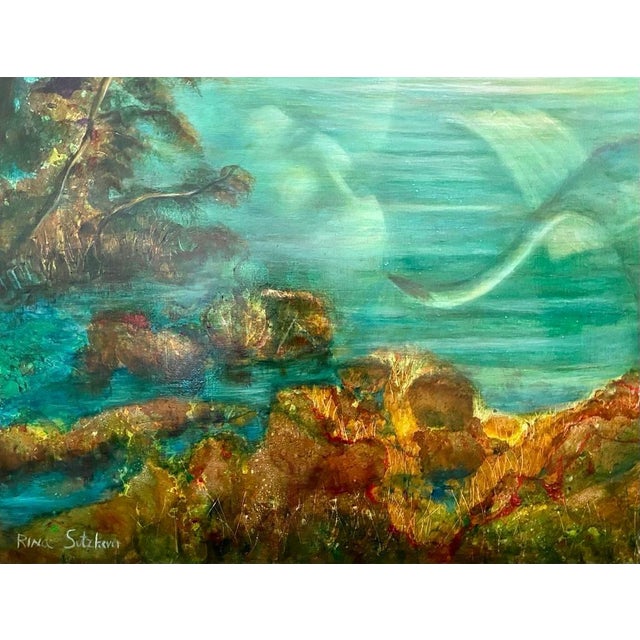 Mid 20th Century Rina Sutzkever, Large Russian Israeli Fantastic Realism Surrealist Oil Painting Girl with Swan For Sale - Image 5 of 5