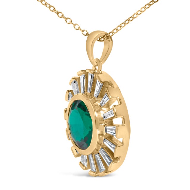 Haus of Brilliance 14K Yellow Gold Plated Sterling Silver Lab Grown Emerald and Baguette Diamond Sunburst Medallion Pendant Necklace For Sale - Image 4 of 4
