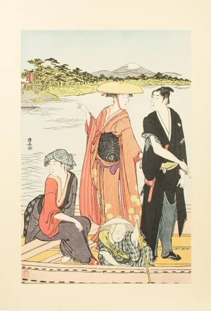 1964 After Kiyonaga "The Ferry on the Rokugo River", Full-Color Print From Japan