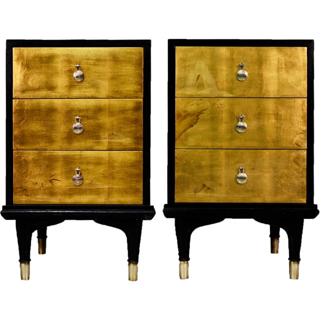 1960s Chinoiserie Hand Painted Gold Leaf Nightstands by Johnson