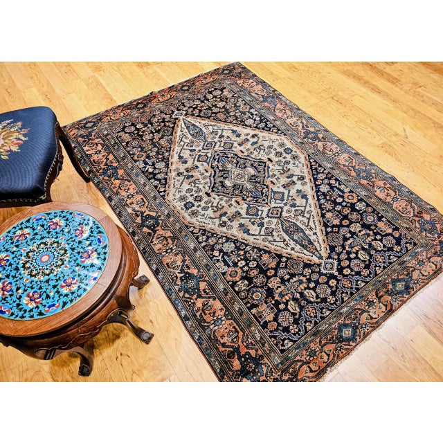 Antique Persian Malayer Area Rug, Hand-Knotted Wool, Geometric Medallion Pattern, Ivory & Navy,5x7 For Sale - Image 4 of 17
