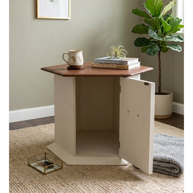 Contemporary Vintage Mersman Hexagonal End Table / Accent Cabinet – Refinished Cream & Natural Wood For Sale - Image 3 of 6