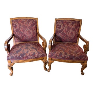 Powell Burgundy Tapestry Carved Wood Scroll-Arm Accent Chairs - Pair For Sale