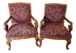 Powell Burgundy Tapestry Carved Wood Scroll-Arm Accent Chairs - Pair