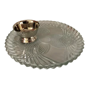 Vintage Glass Serving Platter With Silver Sauce Bowl