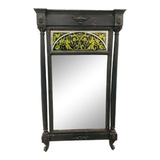 1940 Vintage Italian Neoclassical Painted Pier Mirror With Reverse Glass Painted Panel For Sale