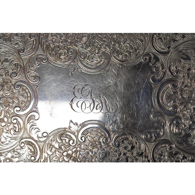 Early 20th Century Antique Victorian Silver Plated Grapevine Repousse Platter Bar Tray W/ Monogram For Sale - Image 5 of 12