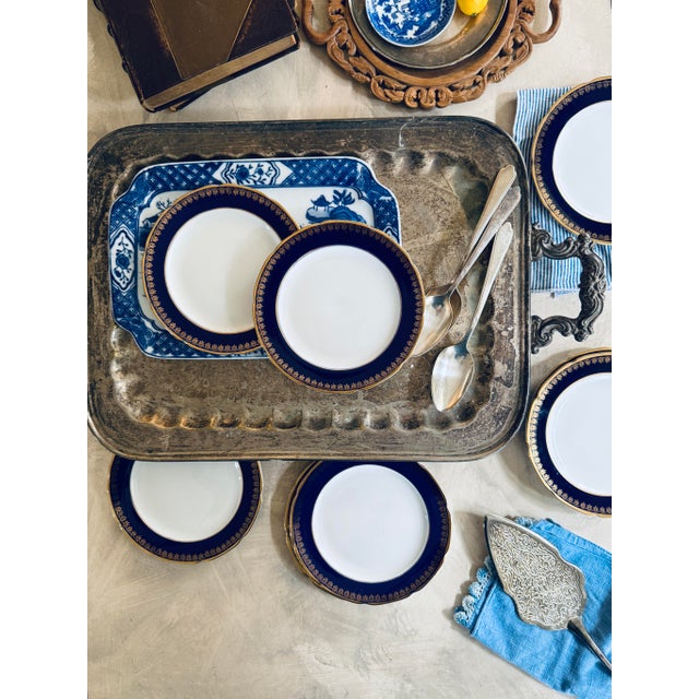 Vintage Noritake Kokura Ware Cobalt Blue and Gold Rim 6.25 Inch Dessert Plates – Hand Painted Japan - Set of Eight (8) For Sale - Image 11 of 12