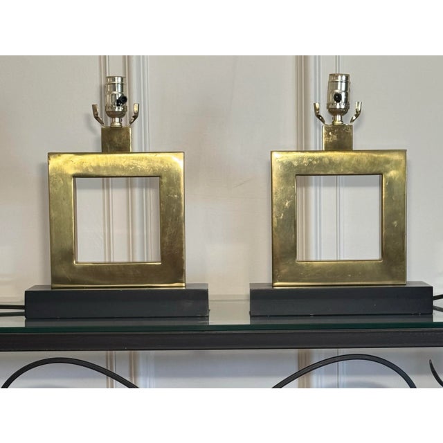 Mid-Century Modern Mid Century Modern Hollywood Regency Square Brass Table Lamps, a Pair For Sale - Image 3 of 12