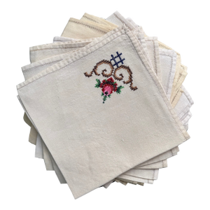Antique Mid-19th Century Hand-Embroidered Trousseau Tablecloth & 12 Napkins — French Linen