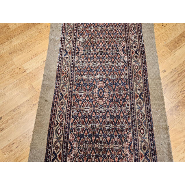 Antique Persian Serab Camel Hair Runner Rug, Hand-Knotted Wool, Allover Geometric Pattern, Red & Blue, 3x20 For Sale - Image 9 of 15