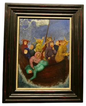 Characters on a Boat, 1900, Oil on Board, Framed