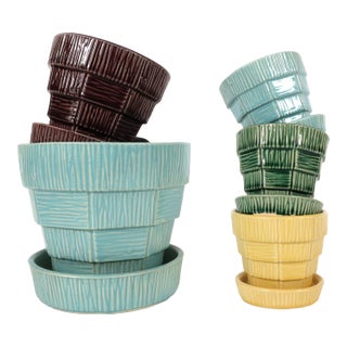 Set of 5 Vintage McCoy Pottery Planters in a Basket Weave Pattern Including Rare Plum Color For Sale