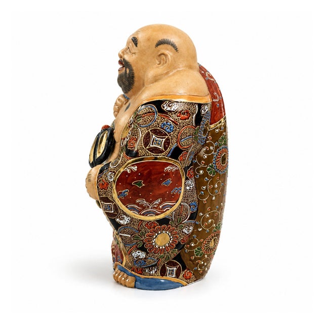 Tan Vintage Japanese Moriage Happy Buddha Figurine Large Hand Painted Laughing Buddha Statue For Sale - Image 8 of 10