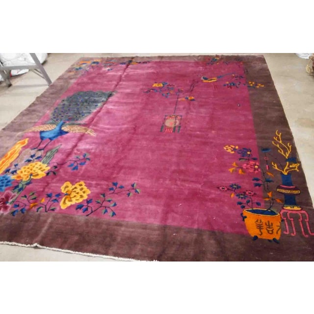 Textile 1920s Antique Handmade Art Deco Chinese Rug For Sale - Image 7 of 8